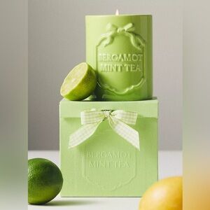 Anthropologie Candle NEW Fresh Bergamot Mint Tea Green Ceramic Gingham Bow